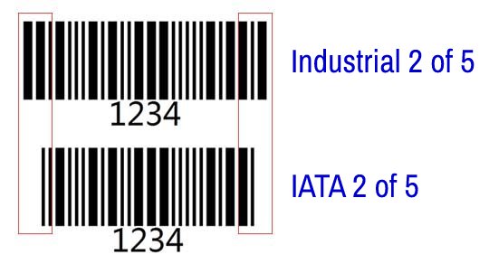 IATA 2 of 5 barcode and Industrial 2 of 5 barcode for '1234'